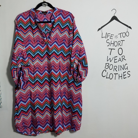 Feathers colorful tribal print tunic dress, 2X - Picture 2 of 14